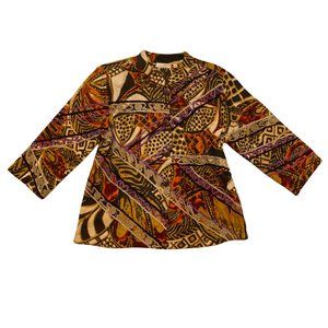 Choices brand lightweight button-front jacket, abstract orange tan brown